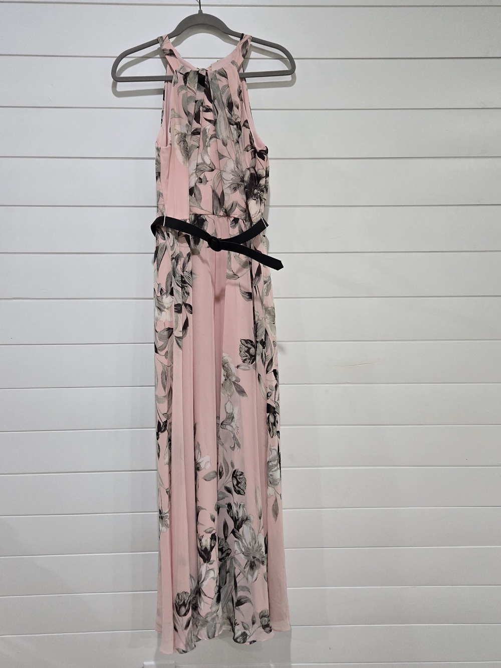Eliza J Pink Chiffon Floral Halter Maxi Dress with Black Belt Tie Neck Sz 12P
